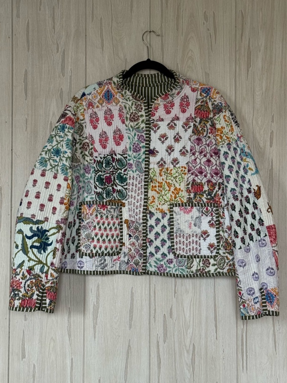 Handmade Patchwork Quilted Jacket - Multicolor & Green Striped, Size M *READ DES